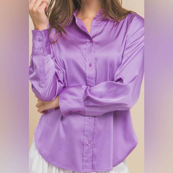 567. Satin Button Down Long Sleeve Shirt in Lilac - Picture 2 of 3